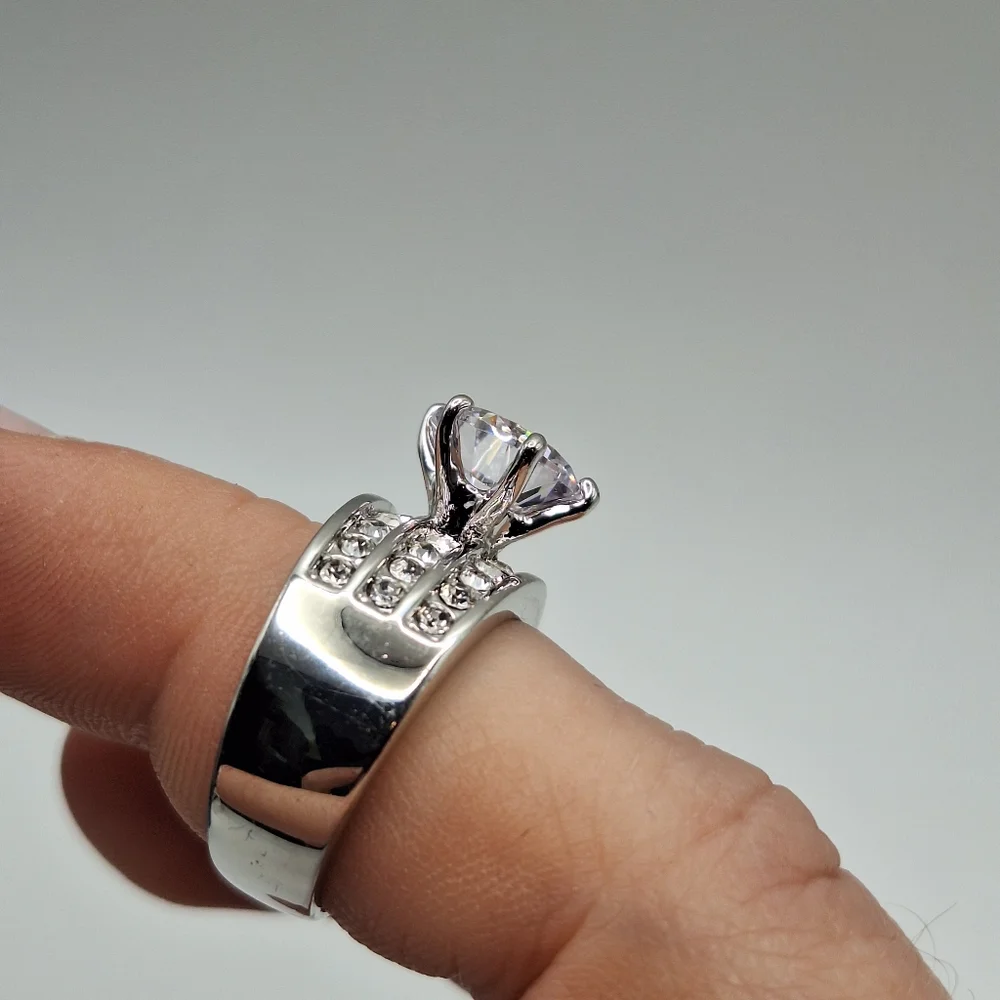 Swarovski Crystal Ring Size 7 | Round Diamond Look Statement Ring | Wide Band - Picture 2 of 16